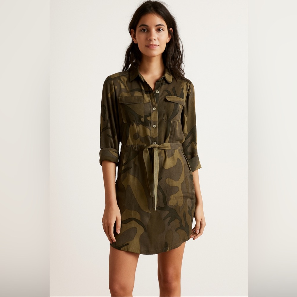 Japna Women’s Small Camo Shirt Dress Long Sleeve Button Front Tie Waist
